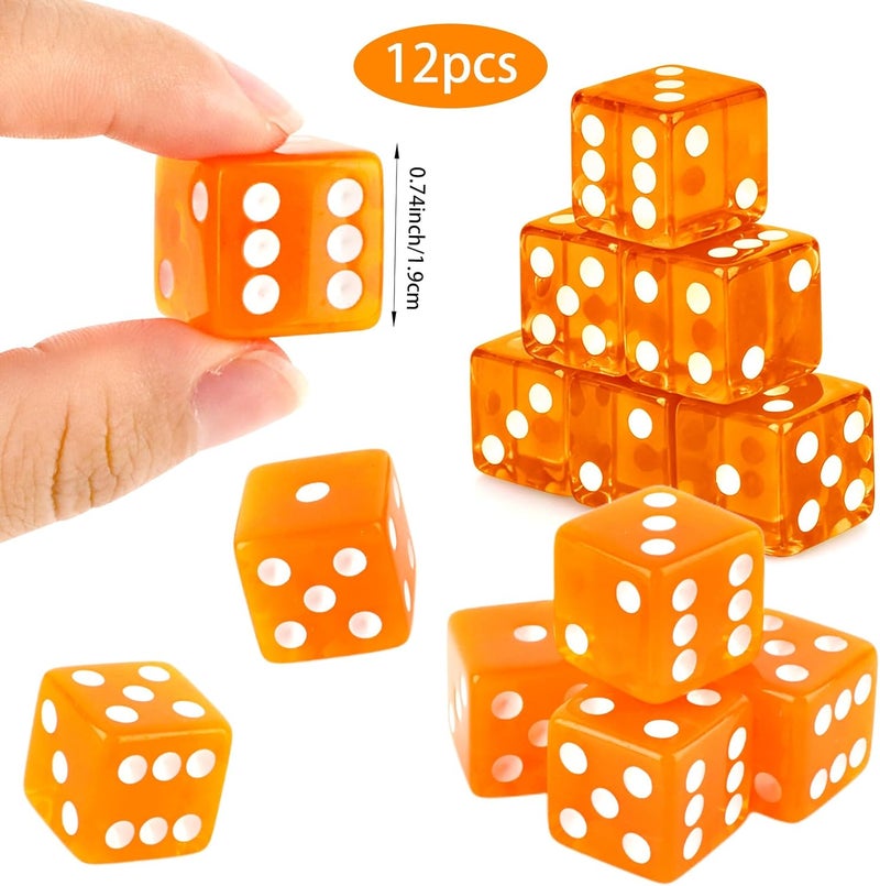 Abilat 12 Pieces 19mm Casino Dice Set Acrylic Translucent 6 Sided Game Dices Square Corner Dice for Casino Vegas Theme Birthday Party Supplies Board Games Classroom Teaching (Orange) - Image 2